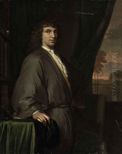 Portrait Of A Gentleman In A Brown Coat And White Lace Cravat, A Black Cap In His Right Hand, In His Library, A Landscape Beyond - view 1
