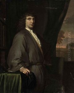Portrait Of A Gentleman In A Brown Coat And White Lace Cravat, A Black Cap In His Right Hand, In His Library, A Landscape Beyond by Barend Graat