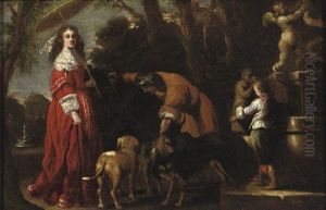 An Elegantly Dressed Lady And Her Son In A Parklandscape Near A Fountain by Barend Graat