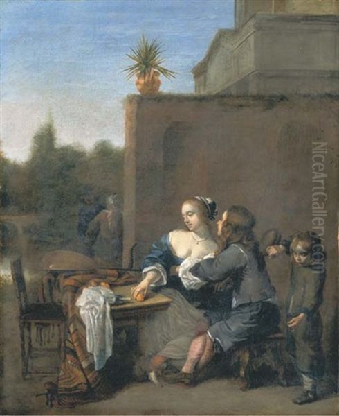 An Amorous Couple Seated At A Table In The Garden Of A Villa - view 1