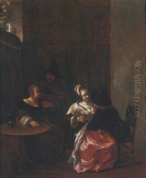 Two Men Courting Women In An Interior - view 1