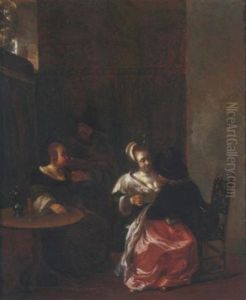 Two Men Courting Women In An Interior by Barend Graat