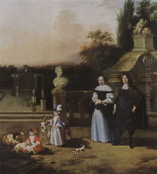 A Portrait Of A Gentleman And His Wife With Their Two Children Playing With A Goat And Sheep, Together With A Dog - view 1