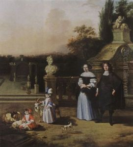 A Portrait Of A Gentleman And His Wife With Their Two Children Playing With A Goat And Sheep, Together With A Dog