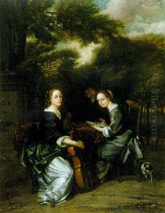 Ornamental Garden With Two Women Seated At A Table Playing Music, With A Gentleman Standing Behind