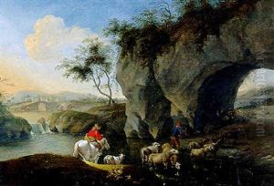 Paysage Avec Moutons Traversant Une Riviere