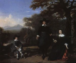 Family Portrait Of A Lady And Gentleman With Their Son Playing With A Dog