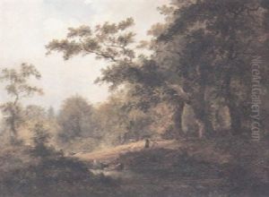 A Wooded Landscape With Figures Gathering Sticks And Cattle Watering At A Pond In The Foreground A Wooded Landscape With Figures Gathering Sticks And Cattle Watering At A Pond In The Foreground