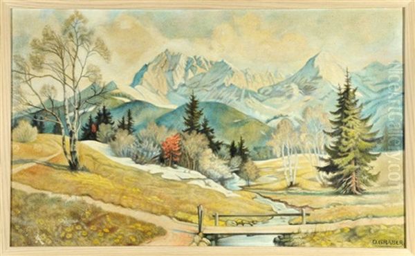 Landschaft Mit Bachlauf Und Altschnee Vor Gebirgsmassiv - view 1