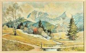 Landschaft Mit Bachlauf Und Altschnee Vor Gebirgsmassiv by Otto Graeber