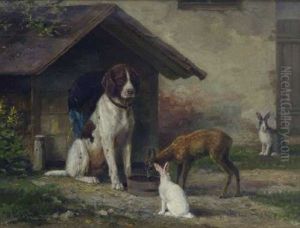 Ein Munsterlander Lasst Ein Rehkitz Aus Seinem Wassertopf Trinken by Wilhelm Graebhein
