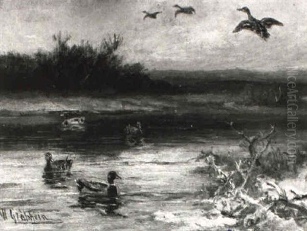 Fluslandschaft Mit Schwimmenden Und Fliegenden Enten - view 1