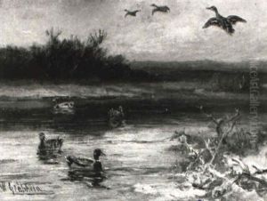 Fluslandschaft Mit Schwimmenden Und Fliegenden Enten by Wilhelm Graebhein