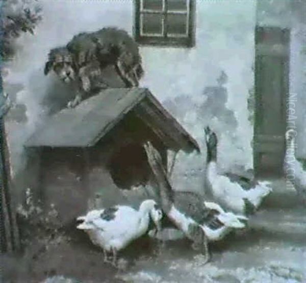 Gestorter Friende. Veir Ganse Am Trog Vor Einer Hundehutte, Dressen Besitzer Sich Angst- Lich Auf Das Dach Verkriecht - view 1