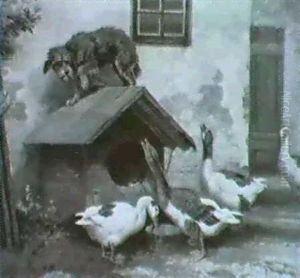 Gestorter Friende. Veir Ganse Am Trog Vor Einer Hundehutte, Dressen Besitzer Sich Angst- Lich Auf Das Dach Verkriecht by Wilhelm Graebhein