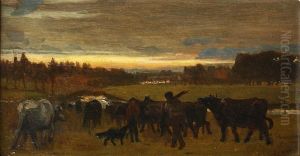 Figures Herding Cattle In Meadow At Sunset by Alfred Fitzwalter Grace