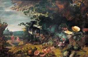An Extensive Landscape With Flowers, Fruit And Vegetables With A Goat By A Tree, A Scene Depicting Noli Me Tangere In A Garden Beyond