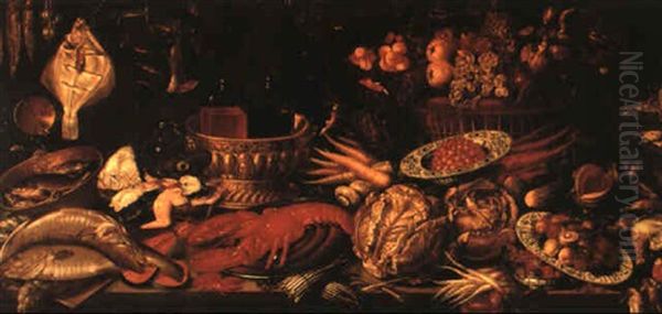 Importante Nature Morte De Fruits, De Legumes Et Avec Vase De Fleurs - view 1