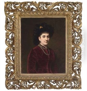 Portrait Of A Lady In A Feathered Hat And Crimson Velvet Jacket by Gustave Graef