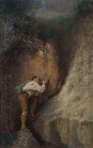 An Der Quelle, Ein Junger Jager Trinkt Aus Seinem Hut An Der Quelle, Auf Felsenterrain by Oscar (Oskar) Graef