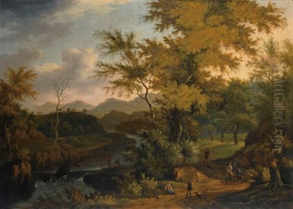 An Extensive Wooded River Landscape With Fishermen Near A River, And Sportsmen And Travellers On A Path - view 1