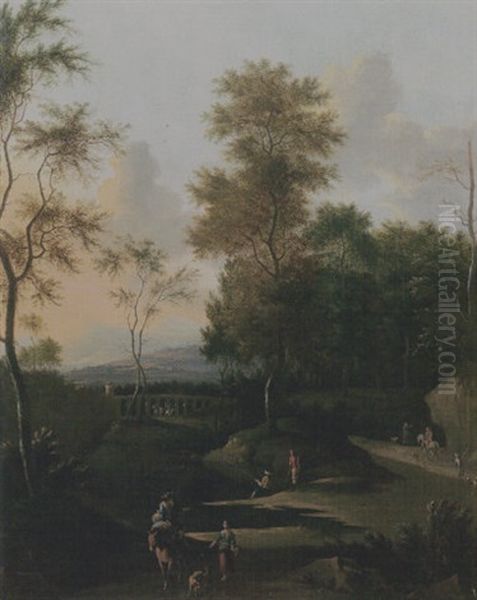 An Evening Landscape With Travellers And Fishermen On A Track, An Aqueduct Beyond - view 1