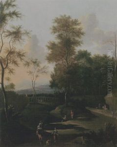 An Evening Landscape With Travellers And Fishermen On A Track, An Aqueduct Beyond
