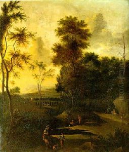 Travelers In An Italianate Wooded Landscape by Timotheus De Graef