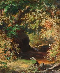 Waldbach Mit Rehwild by Albert Graefle