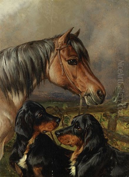 A Horse And Two Gordon Setters - view 1