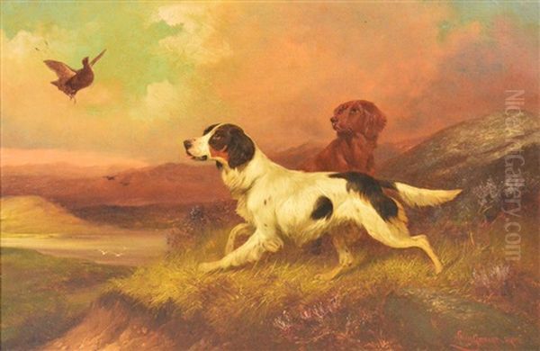 Pair Of Gun Dogs In A Landscape With Grouse In Flight In The Foreground - view 1