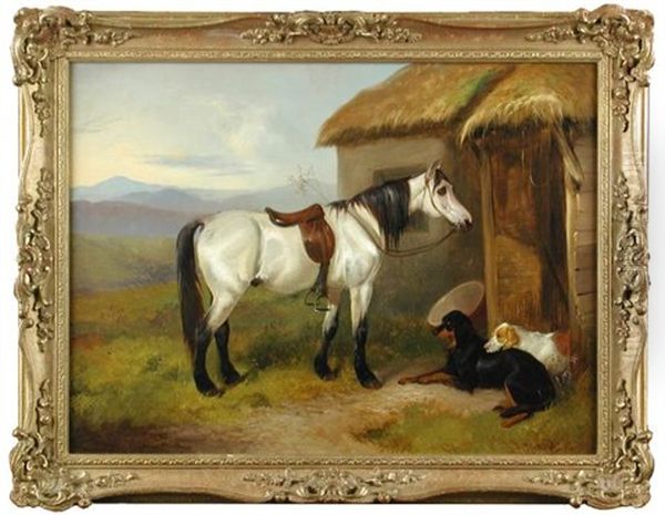 A Grey Pony With A Gordon Setter And Another Setter Outside A Highland Croft - view 1