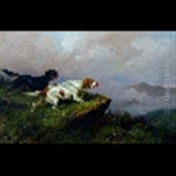 Moorland Landscape With Gun Dogs Crouching On A Rocky Outcrop - view 1
