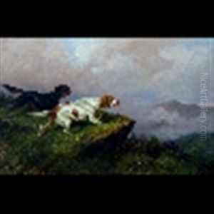 Moorland Landscape With Gun Dogs Crouching On A Rocky Outcrop