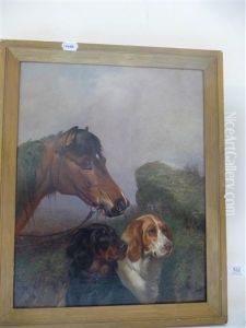 A Bay Pony And Two Gun Dogs In Heather Moorland