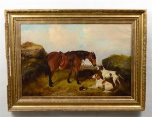 Two Pointers And Hunting Horse Resting In A Landscape