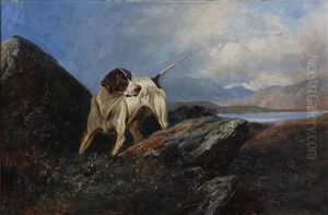 English Pointer In A Lake Landscape And Setter (pair)