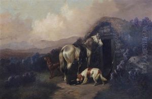 Hunting Pony And Dogs By A Bothy On The Moor