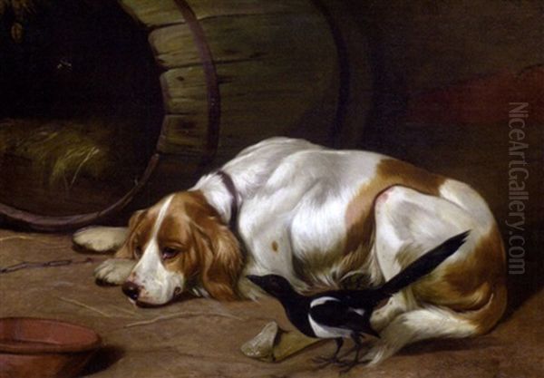 A Spaniel And A Magpie In A Barn - view 1