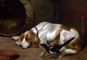 A Spaniel And A Magpie In A Barn