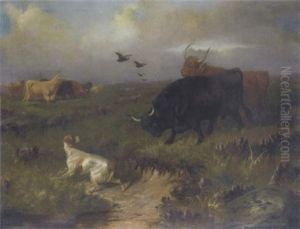 Highland Cattle, With A Setter And Grouse On The Moor by Colin Graeme