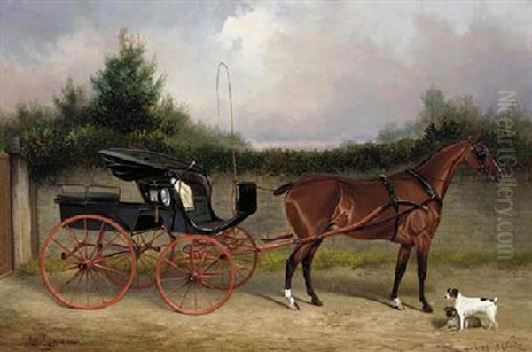 "shin-a-beg" A Bay Horse In A Phaeton, With A Terrier And A Pug In A Stable Yard - view 1