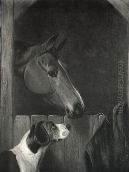 Chestnut Hunter And Fox Hound By A Stable Door - view 1