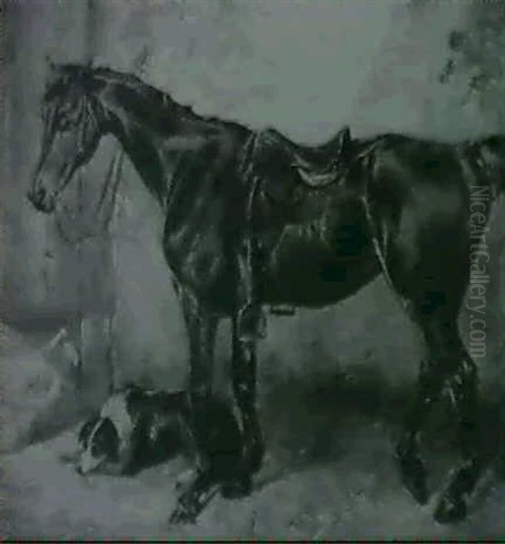 A Saddled Bay Hunter And A Sheep Dog In A Stable - view 1