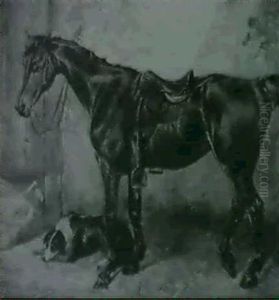 A Saddled Bay Hunter And A Sheep Dog In A Stable by Colin Graeme