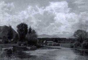 Vorgebirgslandschaft Mit Booten Am Ufer Eines Kleinen Flusses by Theodor Graetz