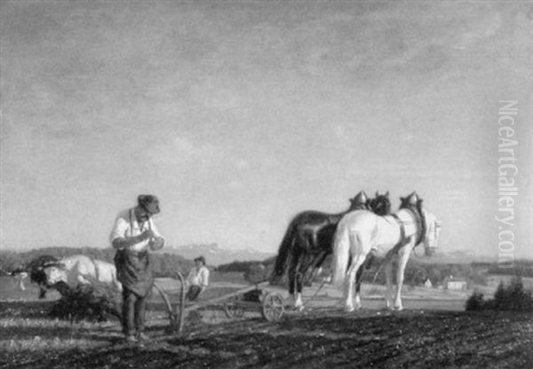 Oberbayerische Seenlandschaft Mit Pflugenden Bauern - view 1