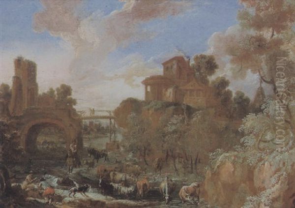 Gebirgige Flusslandschaft Mit Hirten Und Herde - view 1