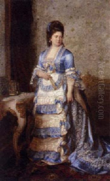 Portrait Of A Lady Wearing A Turquoise And White Ball Dress - view 1