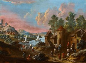 Gehoft An Einem Fluss Mit Vielen Figuren by Marc Baets